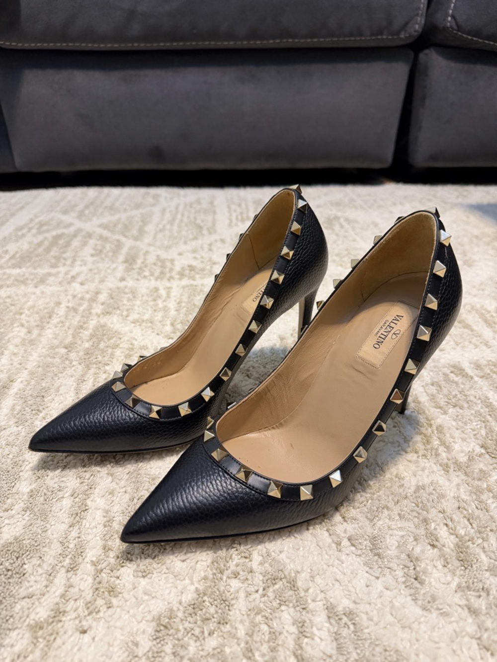 Valentino Black Leather Rockstud Pointed Pumps